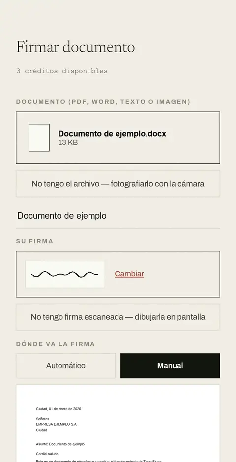 Pantalla Firmar documento: la firma guardada, con la opción de cambiarla o dibujarla en pantalla.
