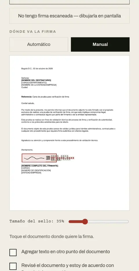 Vista previa del documento con la firma ubicada sobre la línea del firmante.