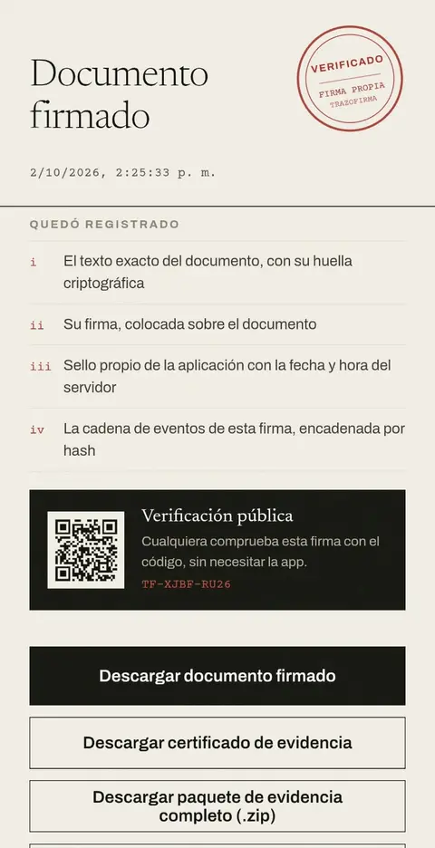 Pantalla de TrazoFirma con un documento firmado: sello de verificación, lista de lo que quedó registrado y código de verificación pública TF-XJBF-RU26.